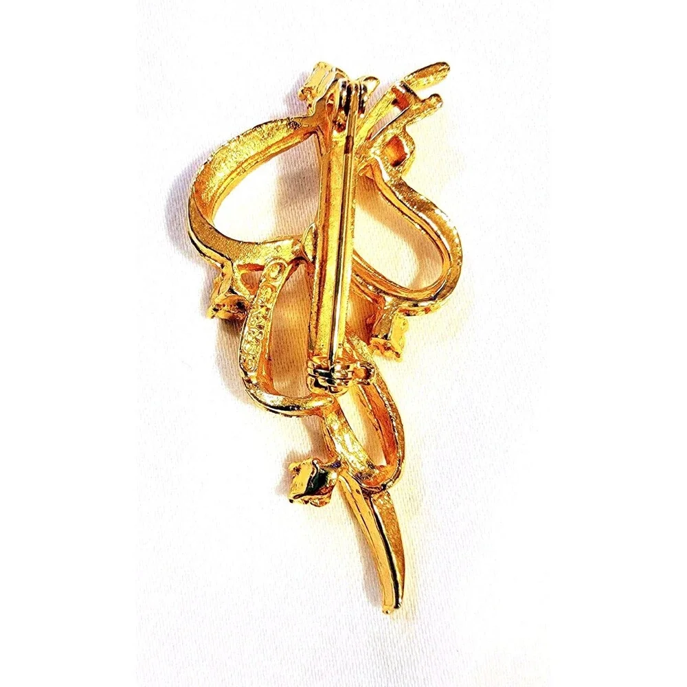 VTG Christmas Gerry's Gold Tone Ribbon Brooch Pin Jeweled Rhinestones 2